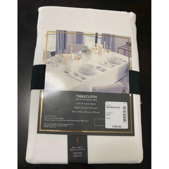 New Linen Cotton White Tablecloth Fieldcrest Rectangle 60" x 84" Herringbone - Picture 4 of 7